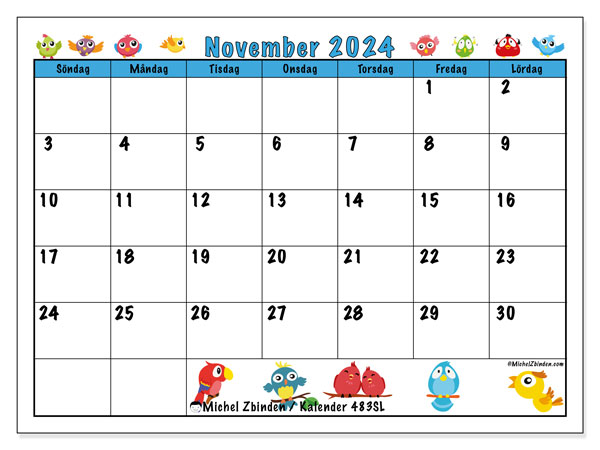 Kalender november 2024 “483”. Gratis utskrivbart program.. Söndag till lördag