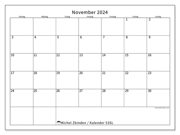 Kalender november 2024 “53”. Gratis utskrivbart program.. Söndag till lördag
