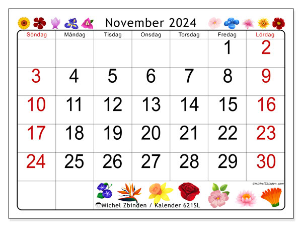 Kalender november 2024 “621”. Gratis karta som kan skrivas ut.. Söndag till lördag