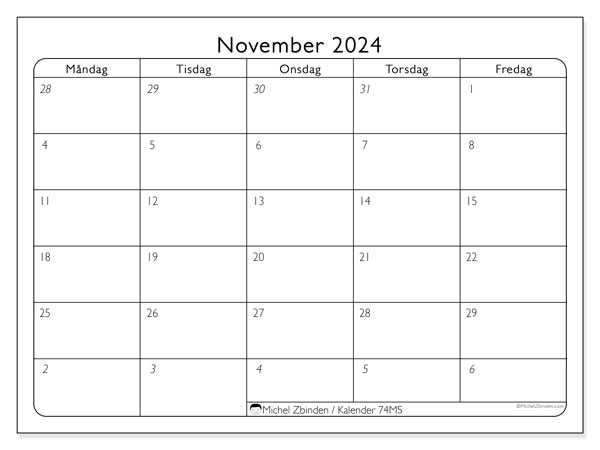 Kalender november 2024 “74”. Gratis karta som kan skrivas ut.. Måndag till fredag
