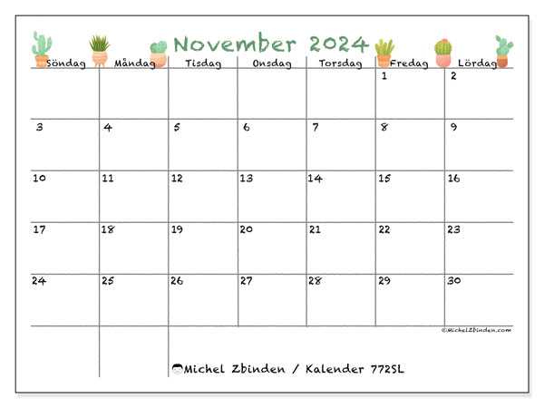 Kalender november 2024 “772”. Schema för gratis utskrift.. Söndag till lördag