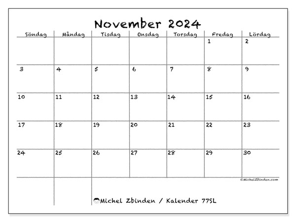 Kalender november 2024 “77”. Schema för gratis utskrift.. Söndag till lördag