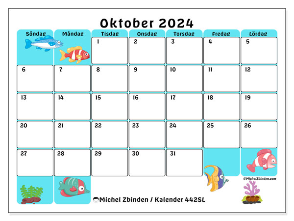 Kalender oktober 2024 “442”. Gratis kalender som kan skrivas ut.. Söndag till lördag