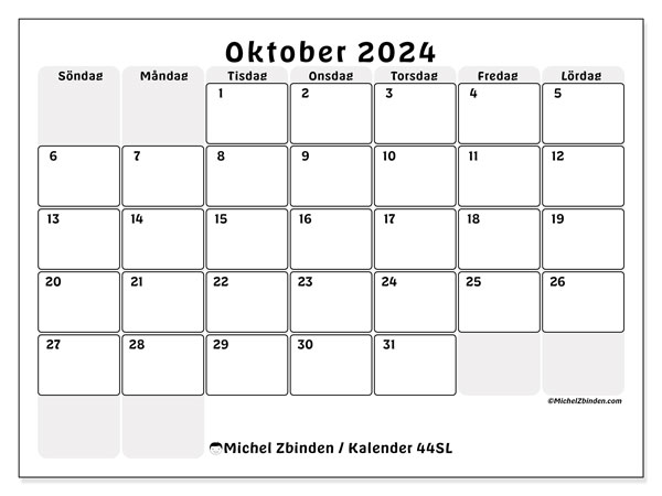Kalender oktober 2024, 44SL. Gratis kalender som kan skrivas ut.