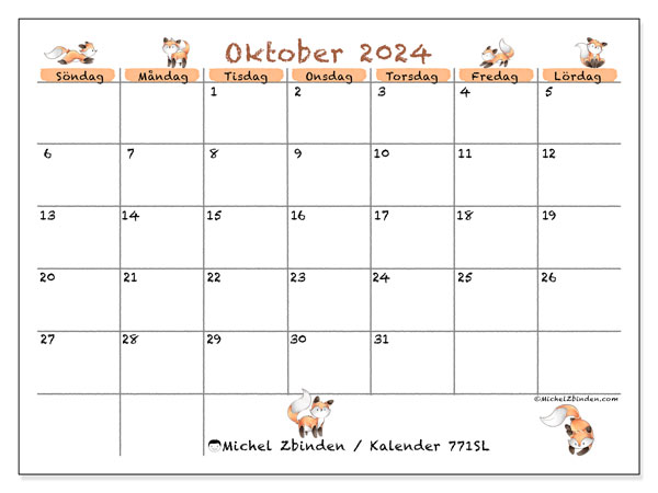 Kalender oktober 2024 “771”. Gratis utskrivbart program.. Söndag till lördag