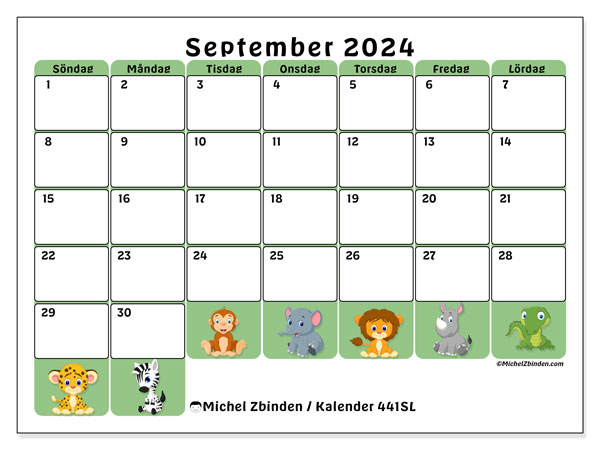 Kalender september 2024 “441”. Gratis utskrivbart program.. Söndag till lördag