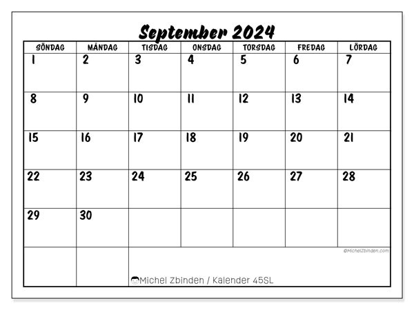 Kalender september 2024, 45SL. Gratis karta som kan skrivas ut.