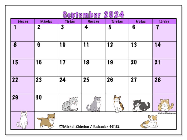 Kalender september 2024 “481”. Schema för gratis utskrift.. Söndag till lördag