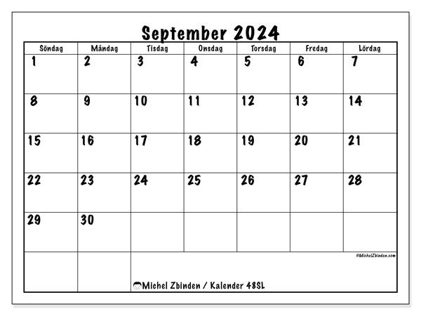 Kalender september 2024 “48”. Gratis kalender som kan skrivas ut.. Söndag till lördag