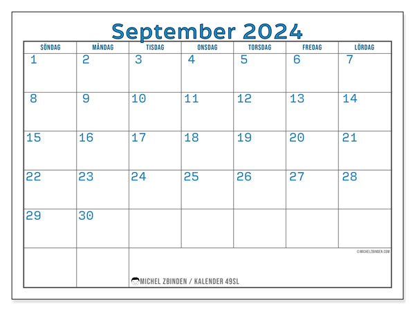 Kalender september 2024, 49SL. Gratis utskrivbart program.