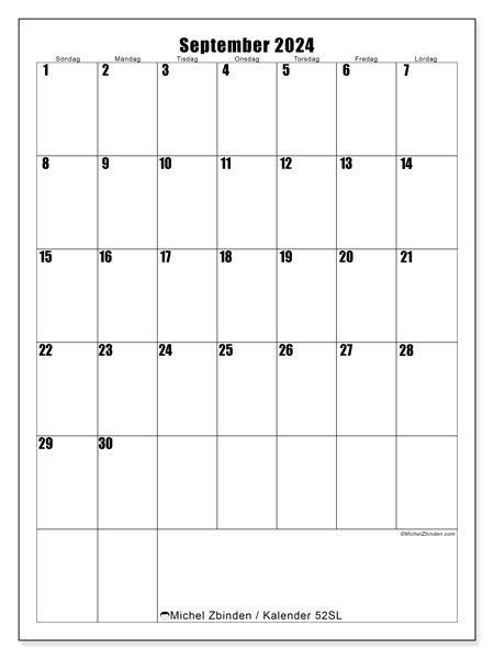 Kalender september 2024, 52SL. Gratis kalender som kan skrivas ut.