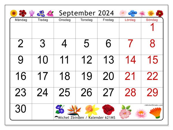 Kalender september 2024 “621”. Gratis kalender som kan skrivas ut.. Måndag till söndag