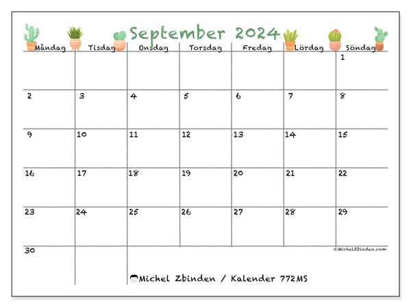 Kalender september 2024 “772”. Gratis utskrivbart program.. Måndag till söndag