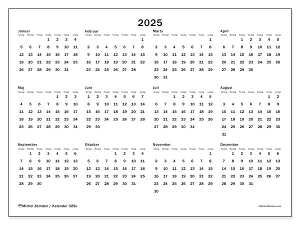 Kalender 2025, 32SL. Gratis plan til print.