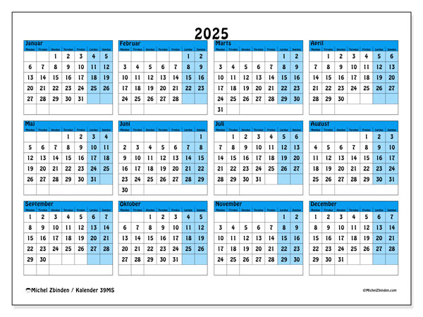 Kalender til udskrivning, 2025, 39MS