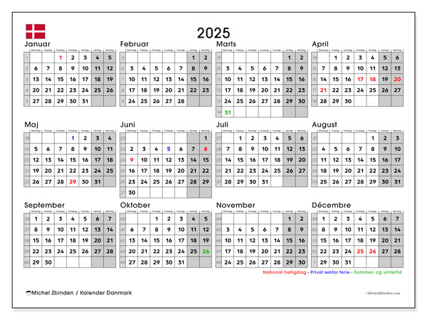 Kalender att skriva ut, årlig 2025, Danmark