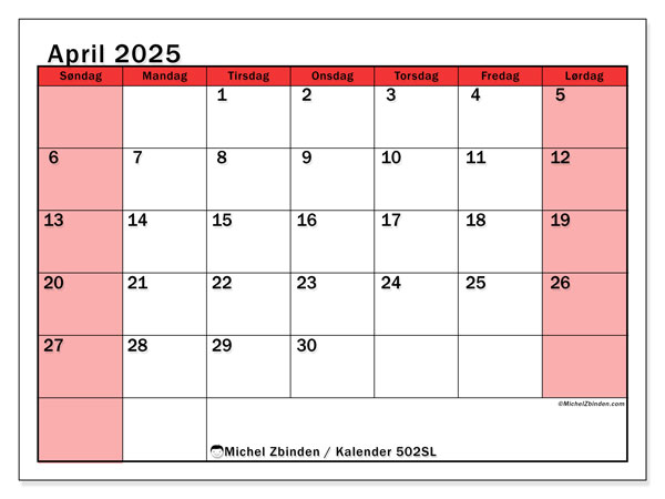 Kalender april 2025 “502”. Gratis plan til print.. Søndag til lørdag