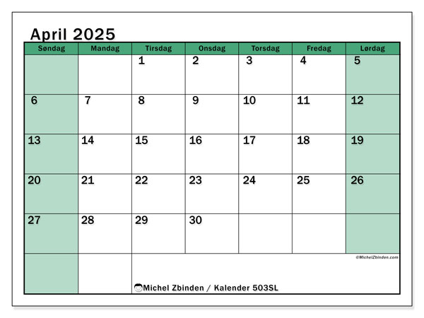Kalender april 2025 “503”. Gratis plan til print.. Søndag til lørdag