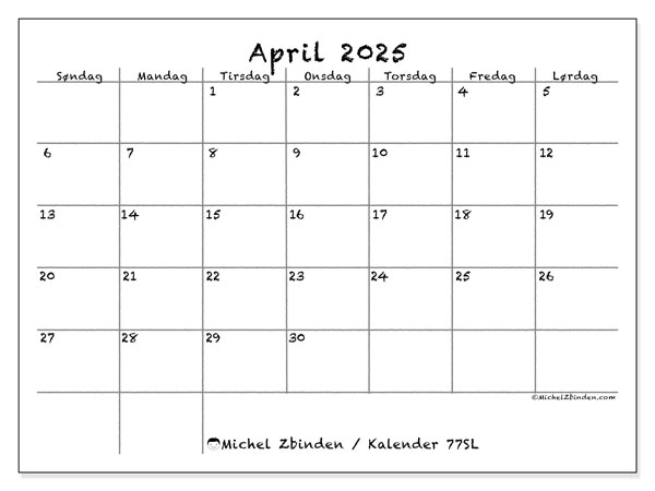 Kalender april 2025 “77”. Gratis program til print.. Søndag til lørdag