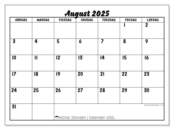Kalender til udskrivning, august 2025, 45SL