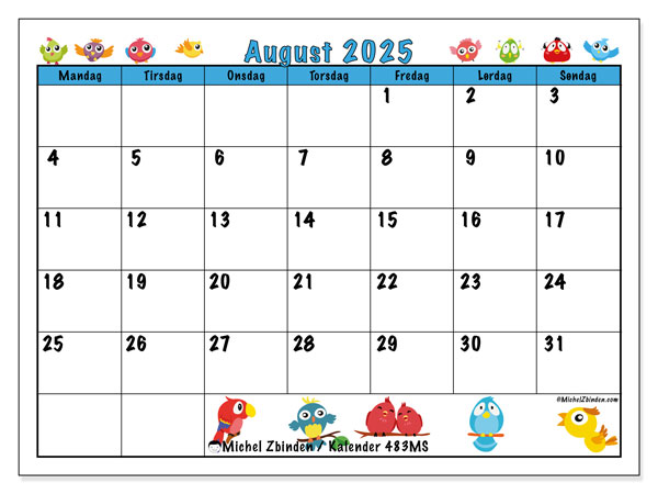 Kalender til udskrivning, august 2025, 483MS