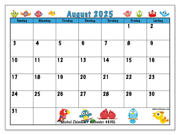 Kalender til udskrivning, august 2025, 483SL