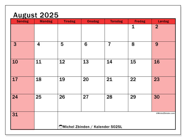Kalender til udskrivning, august 2025, 502SL