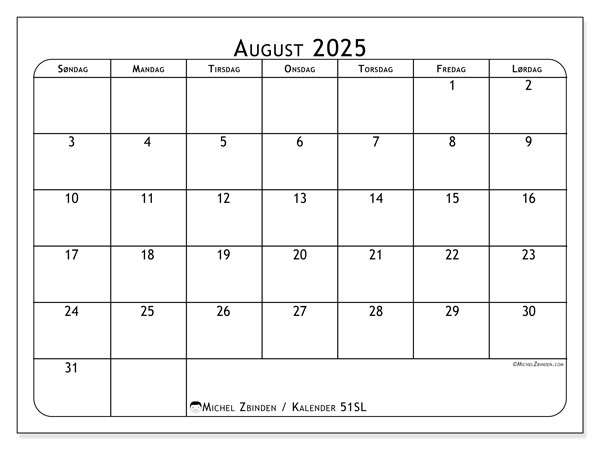 Kalender til udskrivning, august 2025, 51SL
