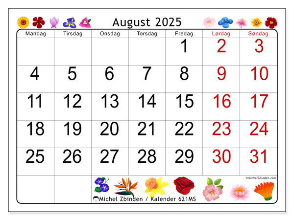 Kalender til udskrivning, august 2025, 621MS