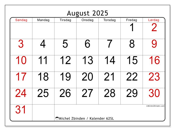 Kalender til udskrivning, august 2025, 62SL