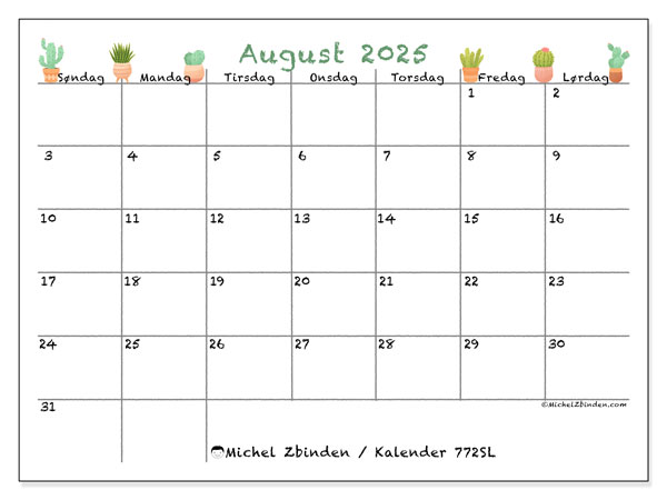 Kalender til udskrivning, august 2025, 772SL