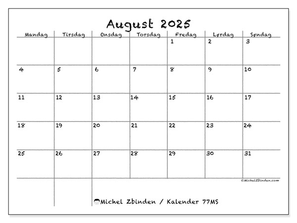 Kalender til udskrivning, august 2025, 77MS