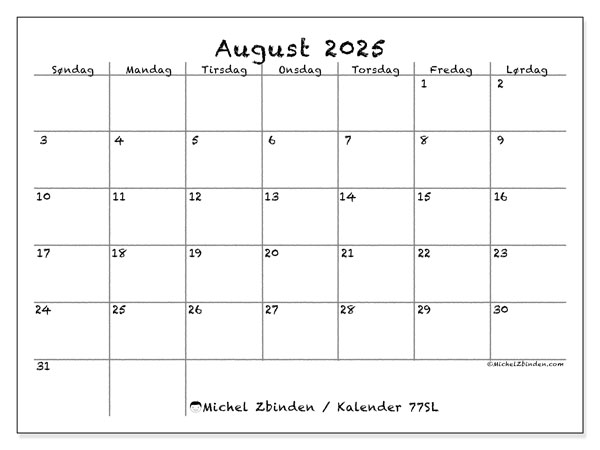 Kalender til udskrivning, august 2025, 77SL
