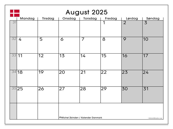 Kalender for utskrift, august 2025, Danmark