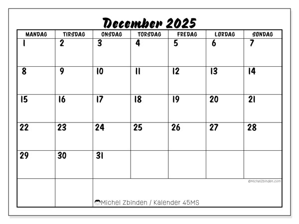 Kalender til udskrivning, december 2025, 45MS