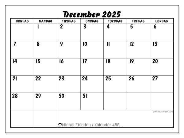 Kalender til udskrivning, december 2025, 45SL