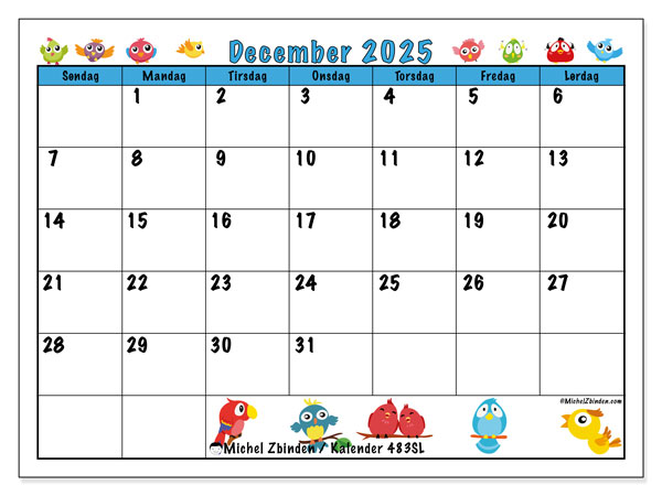 Kalender til udskrivning, december 2025, 483SL