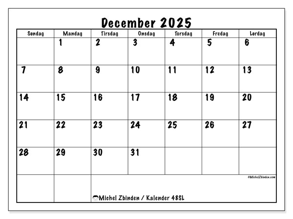 Kalender til udskrivning, december 2025, 48SL