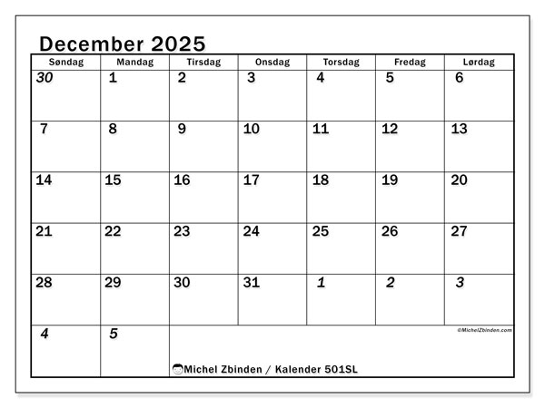 Kalender til udskrivning, december 2025, 501SL