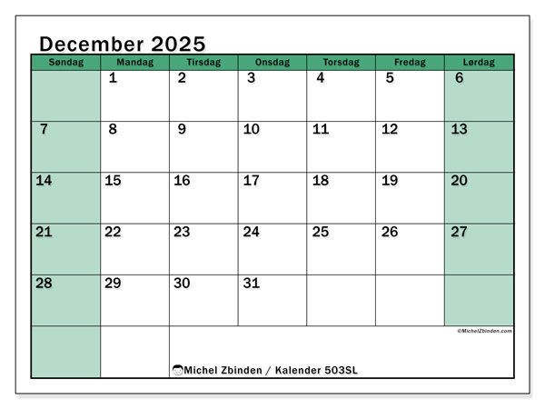 Kalender til udskrivning, december 2025, 503SL