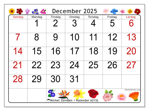 Kalender til udskrivning, december 2025, 621SL