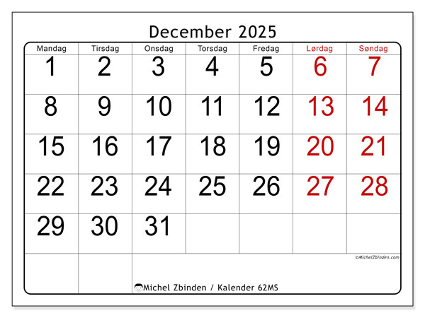 Kalender til udskrivning, december 2025, 62MS
