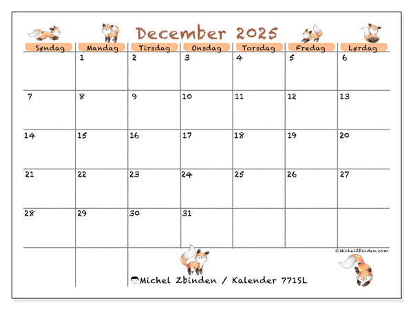 Kalender til udskrivning, december 2025, 771SL