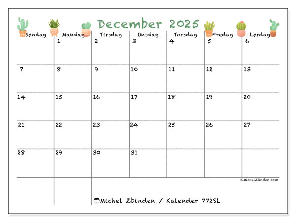 Kalender til udskrivning, december 2025, 772SL