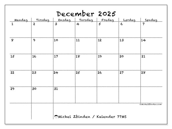 Kalender til udskrivning, december 2025, 77MS