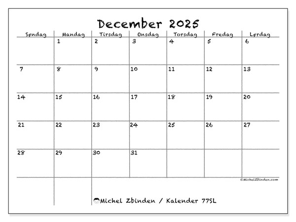 Kalender til udskrivning, december 2025, 77SL