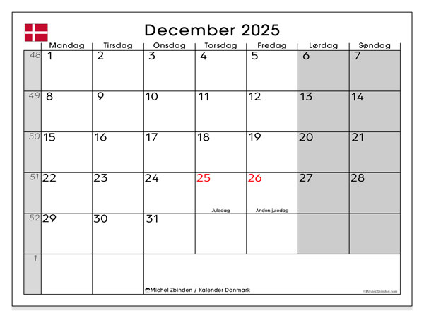 Calendario da stampare, dicembre 2025, Danimarca