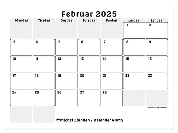 Kalender februar 2025 “44”. Gratis kalender til print.. Mandag til søndag