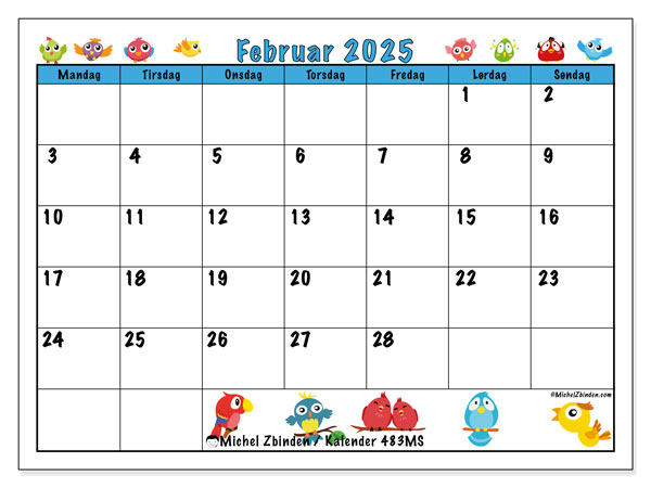 Kalender februar 2025 “483”. Gratis plan til print.. Mandag til søndag