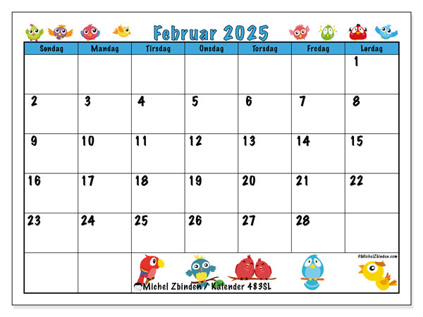 Kalender februar 2025 “483”. Gratis kalender til print.. Søndag til lørdag